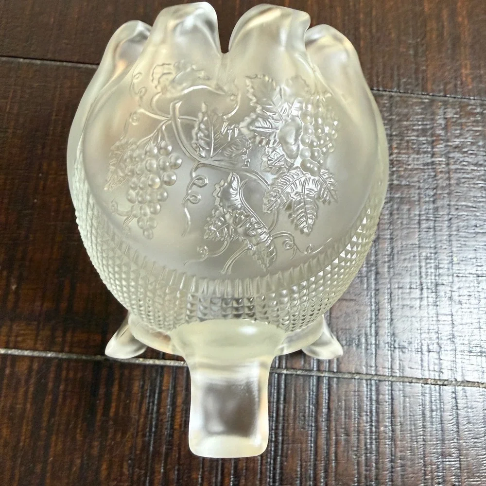 Fenton Glass Rose Bowl Vase Satin Clear Frosted Grape Pattern Footed Decor